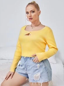 Plus Ribbed Knit Cut Out Jumper - Yellow - View 4