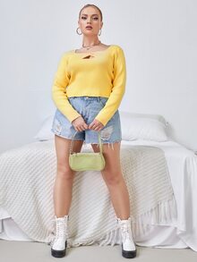 Plus Ribbed Knit Cut Out Jumper - Yellow - View 5