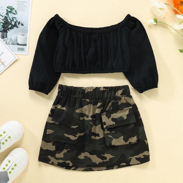 

Toddler Girls Off Shoulder Top & Camo Print Skirt, Multicolor