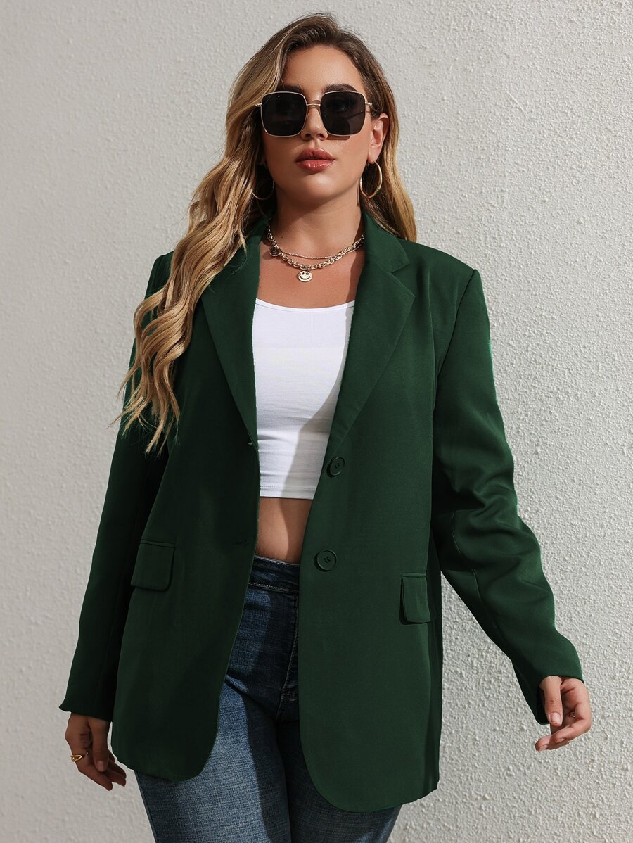 Celure Plus Solid Flap Detail Button Front Blazer - Dark Green - View 1
