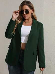 Celure Plus Solid Flap Detail Button Front Blazer - Dark Green - View 3