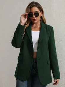 Celure Plus Solid Flap Detail Button Front Blazer - Dark Green - View 4