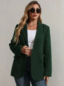 Celure Plus Solid Flap Detail Button Front Blazer - Dark Green - View 5