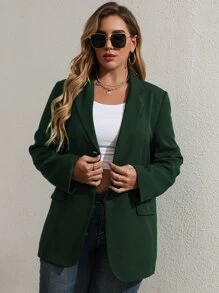 Celure Plus Solid Flap Detail Button Front Blazer - Dark Green - View 6