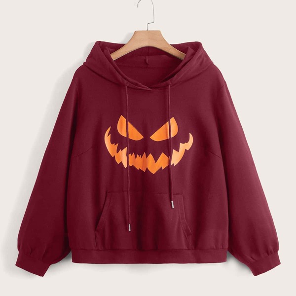 

Plus Halloween Print Hoodie, Burgundy