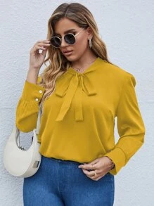 SHEIN LUNE Plus Tie Neck Puff Sleeve Blouse - Yellow - View 1