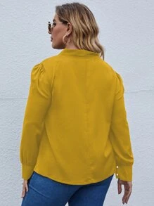 SHEIN LUNE Plus Tie Neck Puff Sleeve Blouse - Yellow - View 2