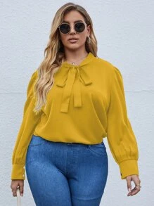 SHEIN LUNE Plus Tie Neck Puff Sleeve Blouse - Yellow - View 3
