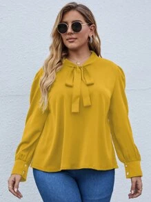 SHEIN LUNE Plus Tie Neck Puff Sleeve Blouse - Yellow - View 4