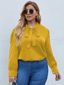 SHEIN LUNE Plus Tie Neck Puff Sleeve Blouse - Yellow - View 5