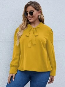 SHEIN LUNE Plus Tie Neck Puff Sleeve Blouse - Yellow - View 6
