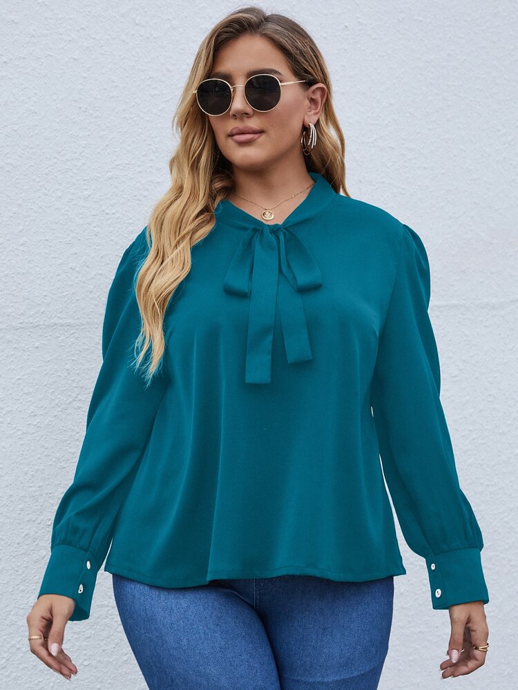 SHEIN LUNE Plus Tie Neck Puff Sleeve Blouse - Teal Blue - View 6