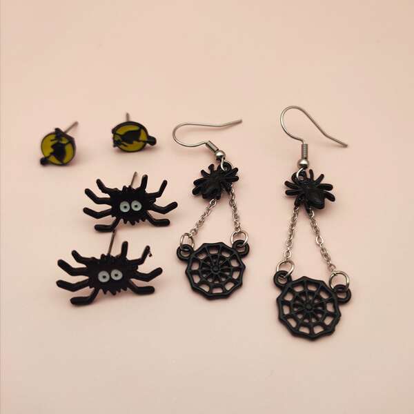 

3pairs Spider & Cobweb Decor Earrings, Black