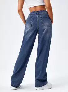 SHEIN EZwear High Waist Washed Boyfriend Jeans - Medium Wash - View 2