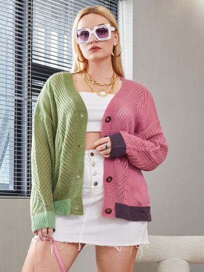 مقاس كبير كارديجان منسوجة بفتحات صغيرة ألوان متباينة منخفض الاكتاف