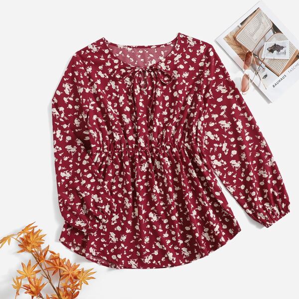 

Plus Ditsy Floral Tie Neck Bishop Sleeve Blouse, Burgundy