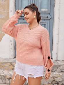 Áo len Plus Size POM Pom Chia màu trơn Giải trí - Màu Hồng  San hô - Xem 3