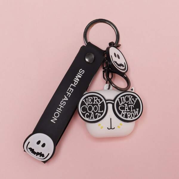 

Cartoon Cat Charm Keychain, Black and white