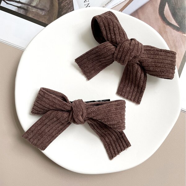 

2pcs Bow Decor Hair Clip, Brown