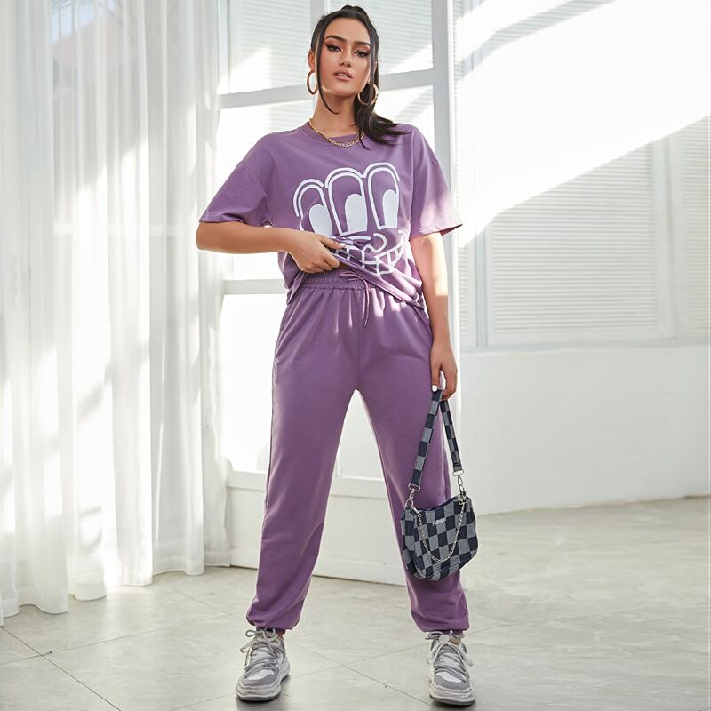 

Graphic Drop Shoulder Tee& Solid Sweatpants Pj Set, Purple