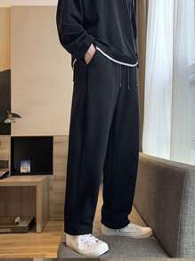 Manfinity Pantalón de chándal suelto para hombre con parches de letras y cintura con cordón - Negro - Ver 2