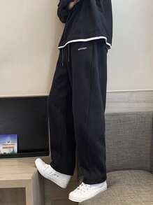 Manfinity Pantalón de chándal suelto para hombre con parches de letras y cintura con cordón - Negro - Ver 4