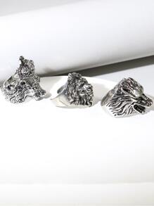 3pcs Vintage Lion & Wolf Head Rings, Men's Fashion Ring Set - Antique Silver - View 2