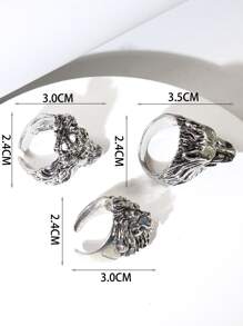 3pcs Vintage Lion & Wolf Head Rings, Men's Fashion Ring Set - Antique Silver - View 3