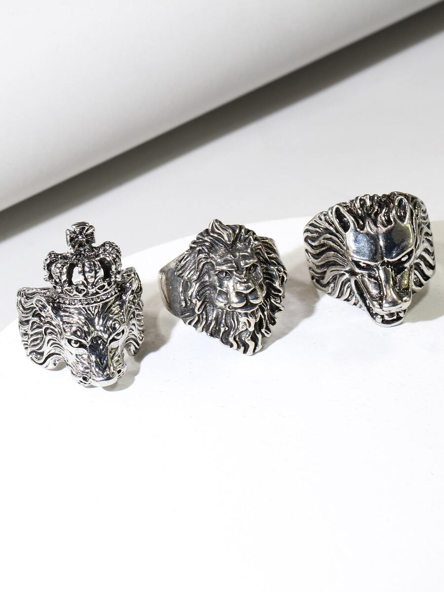 3pcs Vintage Lion & Wolf Head Rings, Men's Fashion Ring Set - Antique Silver - View 1