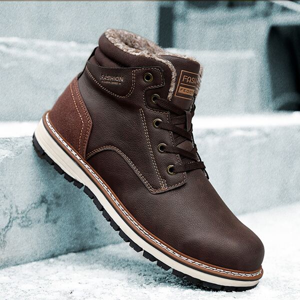 

Men Lace-up Front Plush Inside Boots, Coffee brown