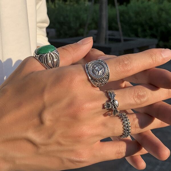 

4pcs Men Skull Decor Ring, Antique silver