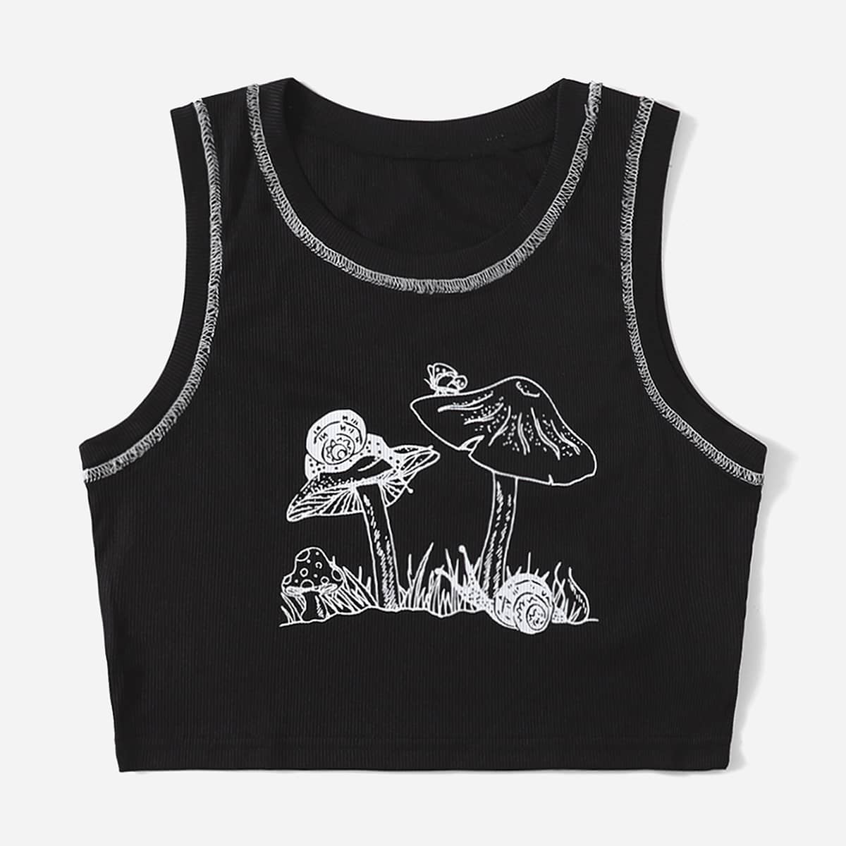

Stitching Trim Mushroom Graphic Tank Top, Black