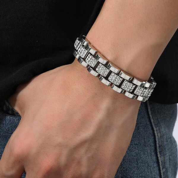 

Men Rhinestone Decor Bracelet, Silver