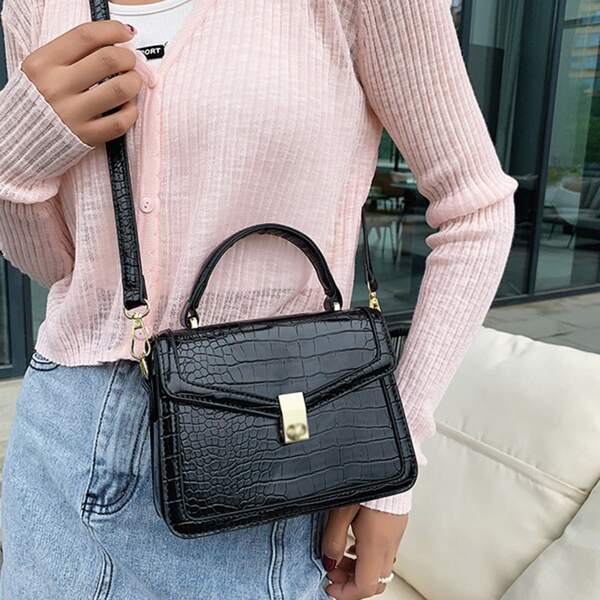 

Metal Decor Croc Embossed Flap Square Bag, Black