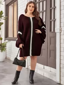 Plus Striped Pattern Batwing Sleeve Sweater Dress - Burgundy - View 1