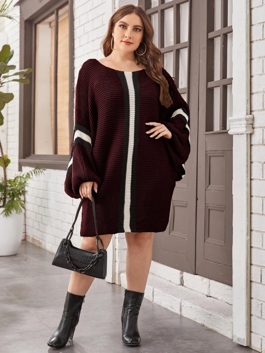 Plus Striped Pattern Batwing Sleeve Sweater Dress - Burgundy - View 1