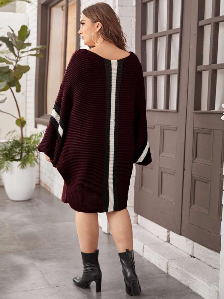 Vestido jersey de manga murciélago con patrón de rayas - Burdeos - Añade 2