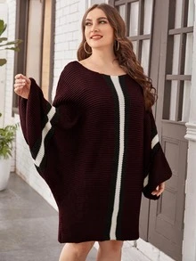 Plus Striped Pattern Batwing Sleeve Sweater Dress - Burgundy - View 3