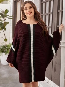 Plus Striped Pattern Batwing Sleeve Sweater Dress - Burgundy - View 4