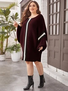 Plus Striped Pattern Batwing Sleeve Sweater Dress - Burgundy - View 5