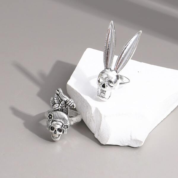

2pcs Halloween Couple Skull Decor Ring, Antique silver
