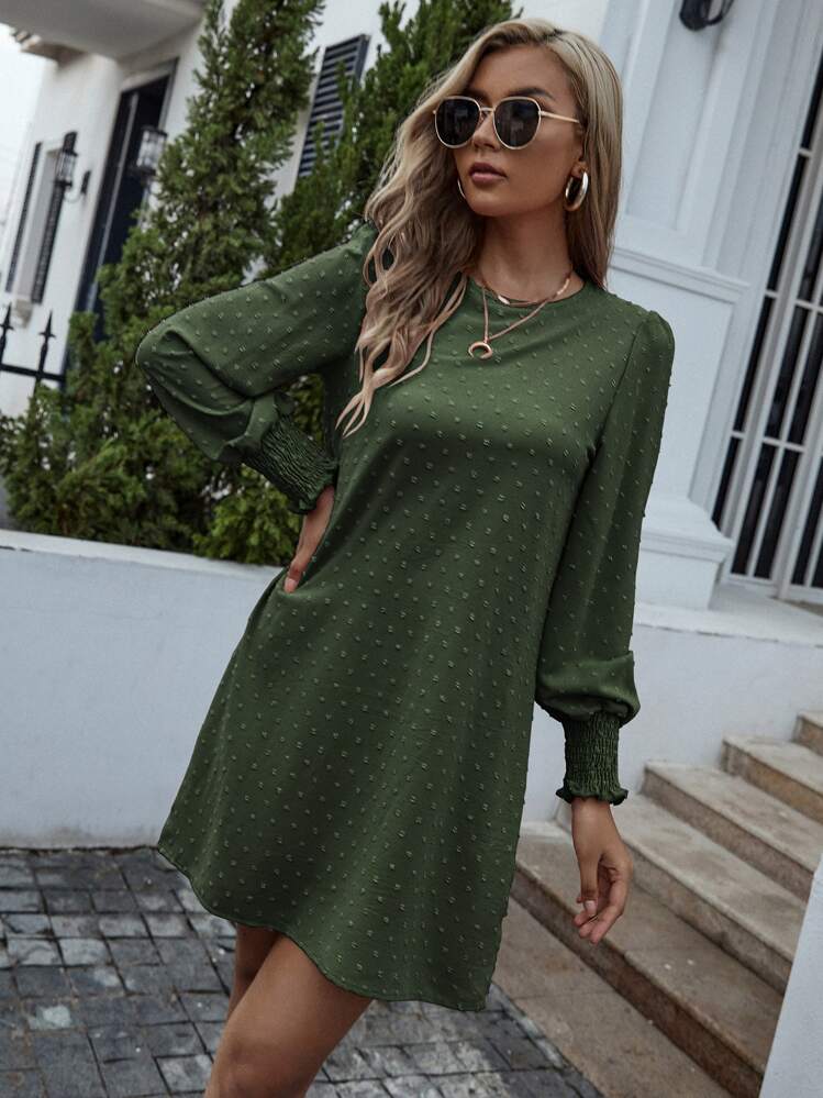 EMERY ROSE Swiss Dot Shirred Cuff Tunic Dress Without Belt - Dark Green - View 1