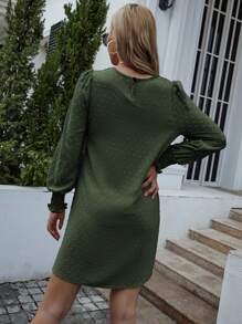 EMERY ROSE 圓點打褶袖口不附腰帶直筒連衣裙 - 墨綠色 - 查看 2