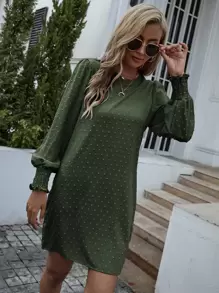 EMERY ROSE 圓點打褶袖口不附腰帶直筒連衣裙 - 墨綠色 - 查看 3