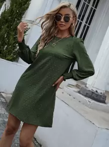 EMERY ROSE 圓點打褶袖口不附腰帶直筒連衣裙 - 墨綠色 - 查看 4