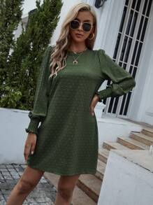 EMERY ROSE 圓點打褶袖口不附腰帶直筒連衣裙 - 墨綠色 - 查看 6