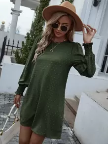 EMERY ROSE 圓點打褶袖口不附腰帶直筒連衣裙 - 墨綠色 - 查看 7