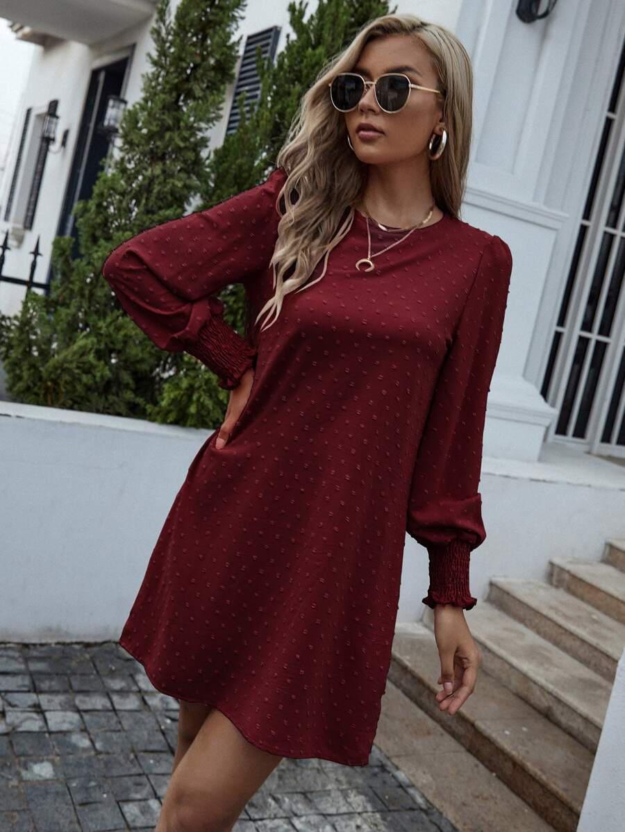 EMERY ROSE 圓點打褶袖口不附腰帶直筒洋裝 - 酒紅色 - 查看 1