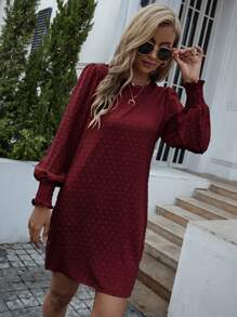 EMERY ROSE 圓點打褶袖口不附腰帶直筒洋裝 - 酒紅色 - 查看 3