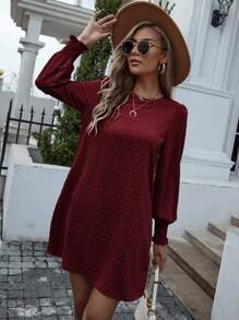 EMERY ROSE 圓點打褶袖口不附腰帶直筒洋裝 - 酒紅色 - 查看 4